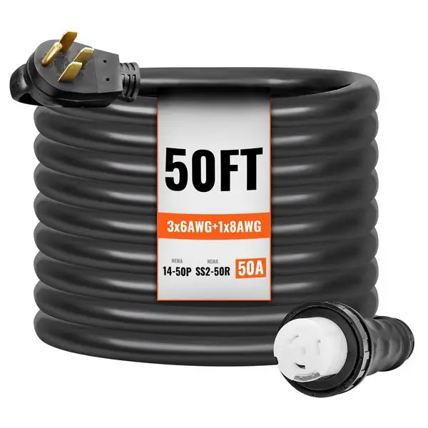 VEVOR 50 Amp Generator Cord and Power Inlet Box Kit, 50FT, NEMA 14-50P/SS2-50R STW 6/3+8/1 AWG Generator Power Cord with Twist L
VEVOR 50 Amp Generator Cord and Power Inlet Box Kit, 50FT, NEMA 14-50P/SS2-50R STW 6/3+8/1 AWG Generator Power Cord with Twist L