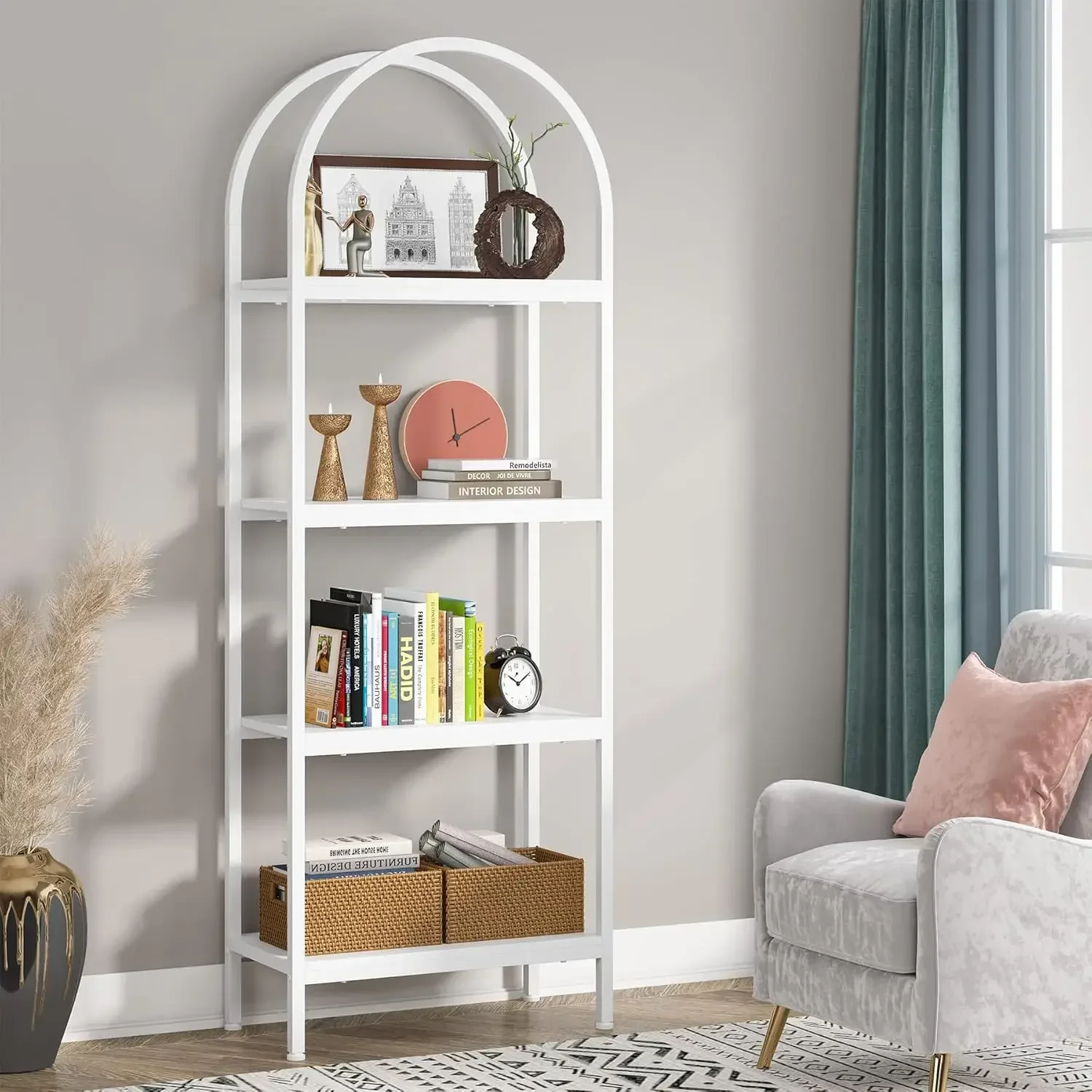 4-Tier Open Bookshelf, 70.8" Industrial Wood Bookcase with Metal Frame, Freestanding Shelving Unit (White).
4-Tier Open Bookshelf, 70.8" Industrial Wood Bookcase with Metal Frame, Freestanding Shelving Unit (White).