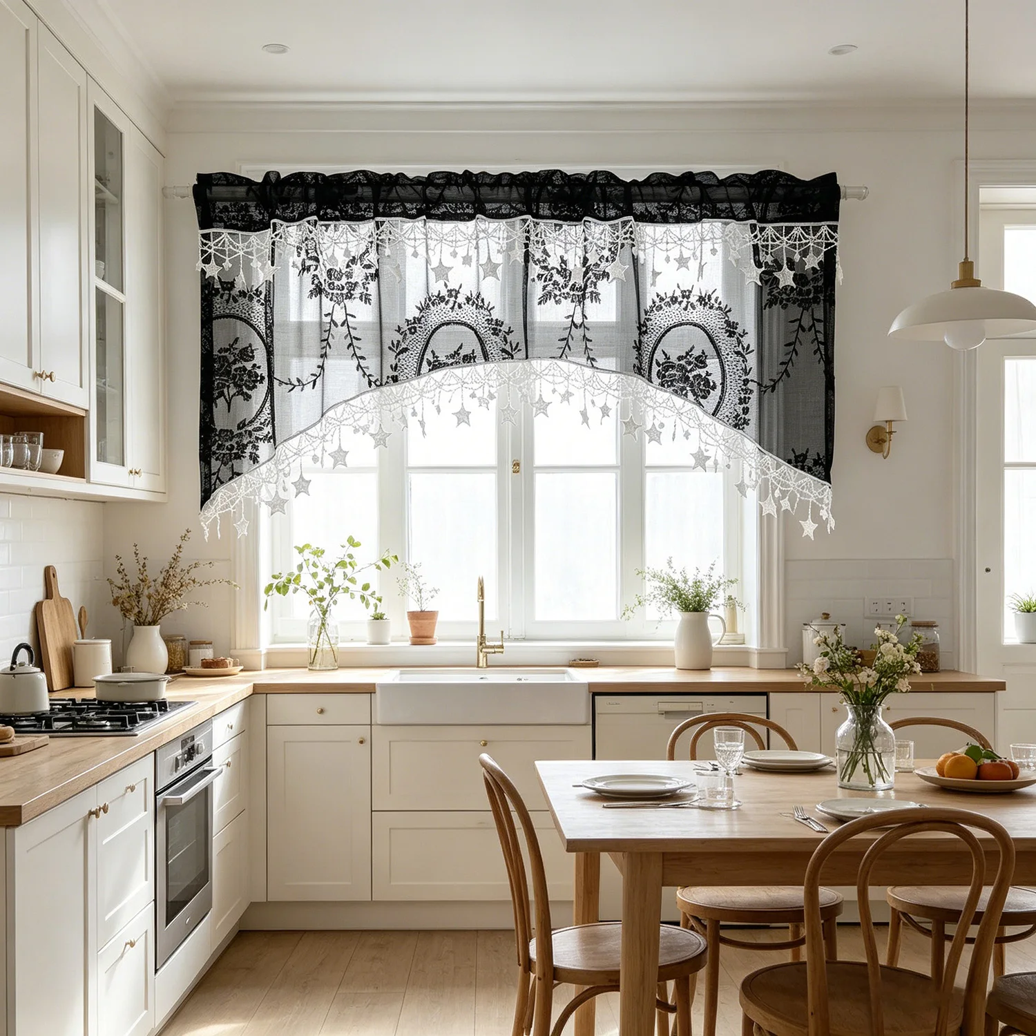 Black Lace Star Embroidery Curtain Valance, Gothic Sheer Window Curtain with Tassels, for Kitchen, Cafe & Living Room
Black Lace Star Embroidery Curtain Valance, Gothic Sheer Window Curtain with Tassels, for Kitchen, Cafe & Living Room