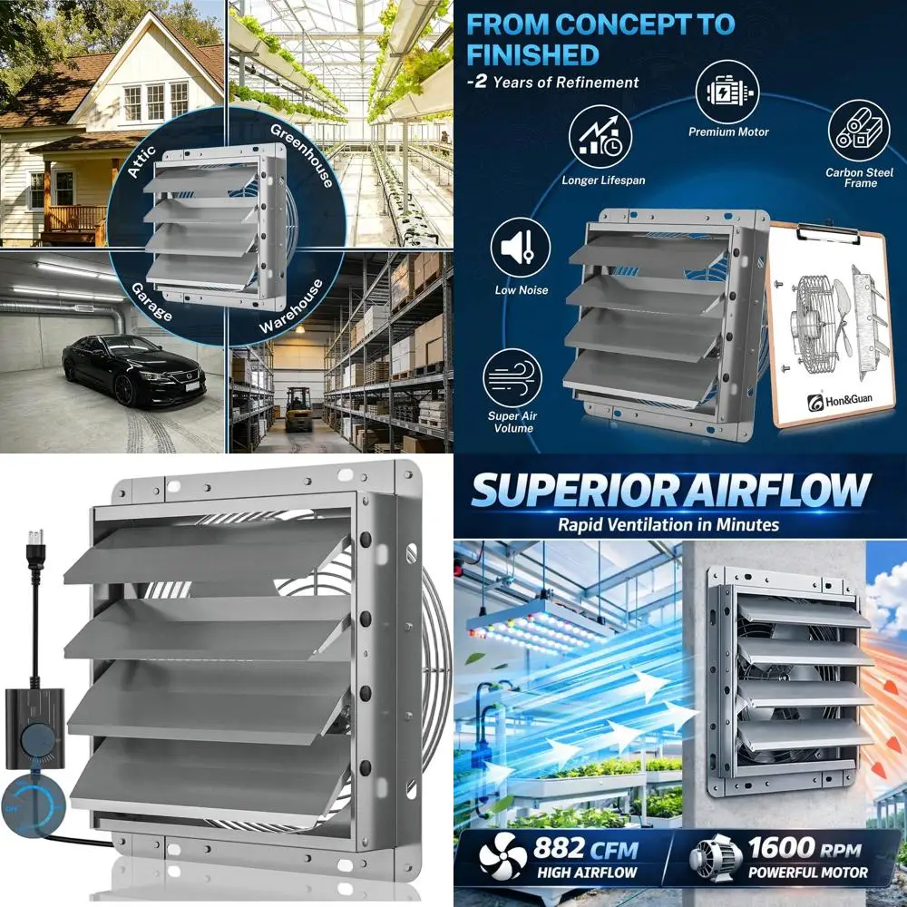 14 Shutter Exhaust Fan with Speed Controller, 882 CFM Airflow, 1600 RPM, Automatic Shutters, Ideal for Garages, Sheds, and Green
14 Shutter Exhaust Fan with Speed Controller, 882 CFM Airflow, 1600 RPM, Automatic Shutters, Ideal for Garages, Sheds, and Green
