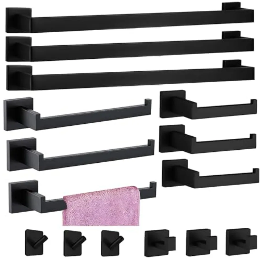 Bathroom accessories set: matte black stainless steel, wall-mounted 24-inch towel bar, 15-piece hardware set for modern bathroo
Bathroom accessories set: matte black stainless steel, wall-mounted 24-inch towel bar, 15-piece hardware set for modern bathroo