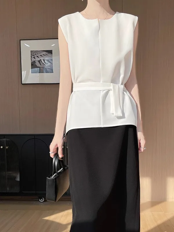 Women's Sleeveless Shirt round Neck Tie Waist Slimming Set with Half Skirt Two-Piece Spring New Style Commute Simple Style
Women's Sleeveless Shirt round Neck Tie Waist Slimming Set with Half Skirt Two-Piece Spring New Style Commute Simple Style