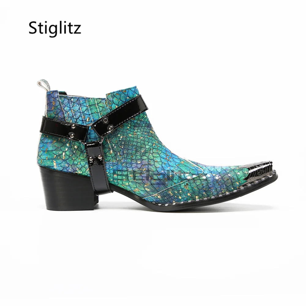 Men's Gradient Green Blue Snake Print Chelsea Boots Metal Pointed Toe Buckle Strap Slip On High Heels Western Ankle Boots
Men's Gradient Green Blue Snake Print Chelsea Boots Metal Pointed Toe Buckle Strap Slip On High Heels Western Ankle Boots