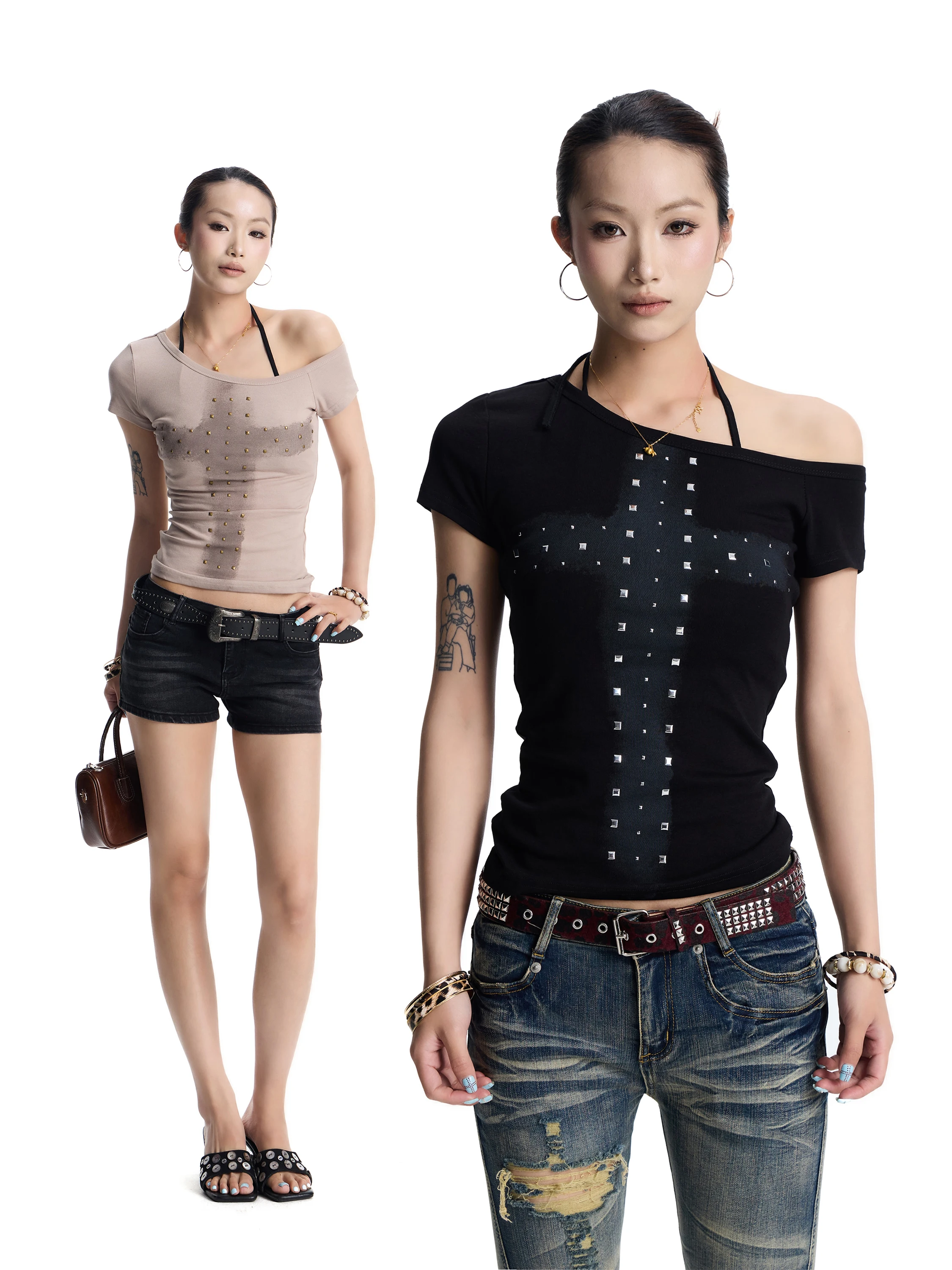 Antsstna Millennium Y2K Style Rivet Cross Asymmetrical Neck Short Sleeve T-Shirt Slim Fit Sexy Shoulder T-Shirt for Young Women
Antsstna Millennium Y2K Style Rivet Cross Asymmetrical Neck Short Sleeve T-Shirt Slim Fit Sexy Shoulder T-Shirt for Young Women