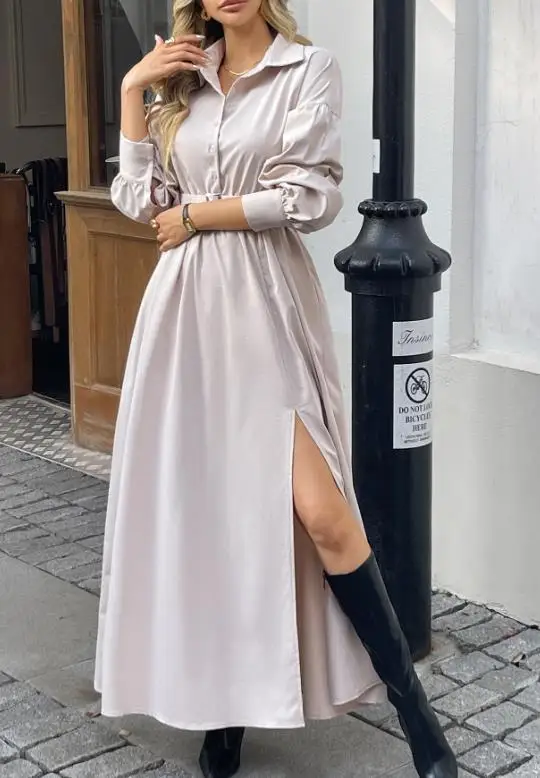 Women Dress 2026 Spring Autumn New Half Button Design Turn-Down Collar Long Sleeve Solid Color Casual Slit Shirt Long Dress
Women Dress 2026 Spring Autumn New Half Button Design Turn-Down Collar Long Sleeve Solid Color Casual Slit Shirt Long Dress