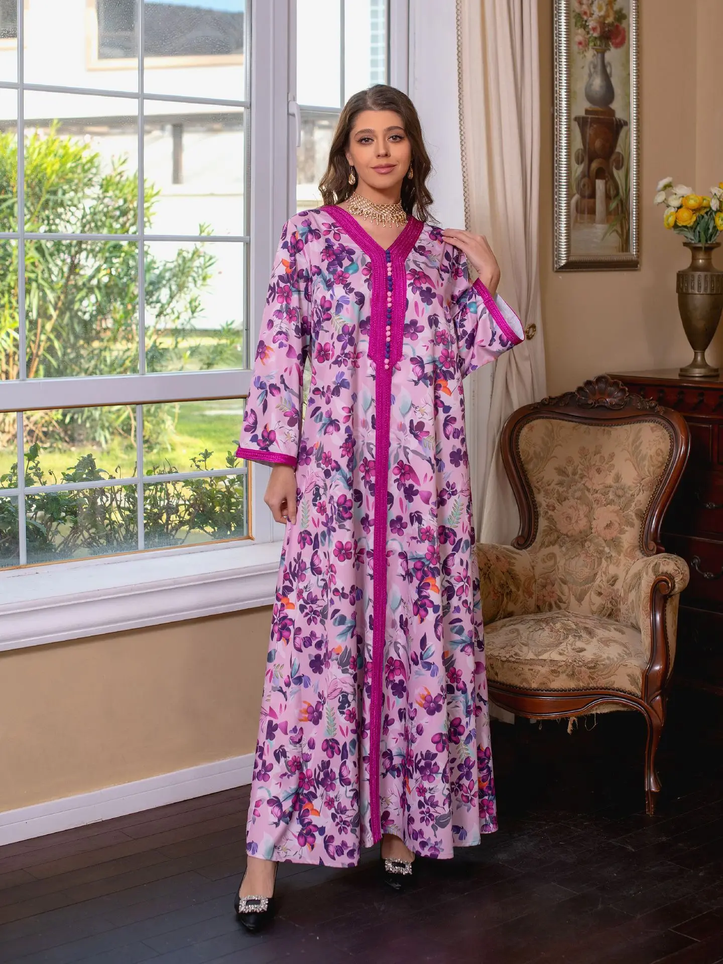 Ramadan Abaya Arabic Long Gulf Jalabiya Dress for Women Trim Floral Print Muslim Dresses Moroccan Kaftan Dubai Islamic Clothing
Ramadan Abaya Arabic Long Gulf Jalabiya Dress for Women Trim Floral Print Muslim Dresses Moroccan Kaftan Dubai Islamic Clothing