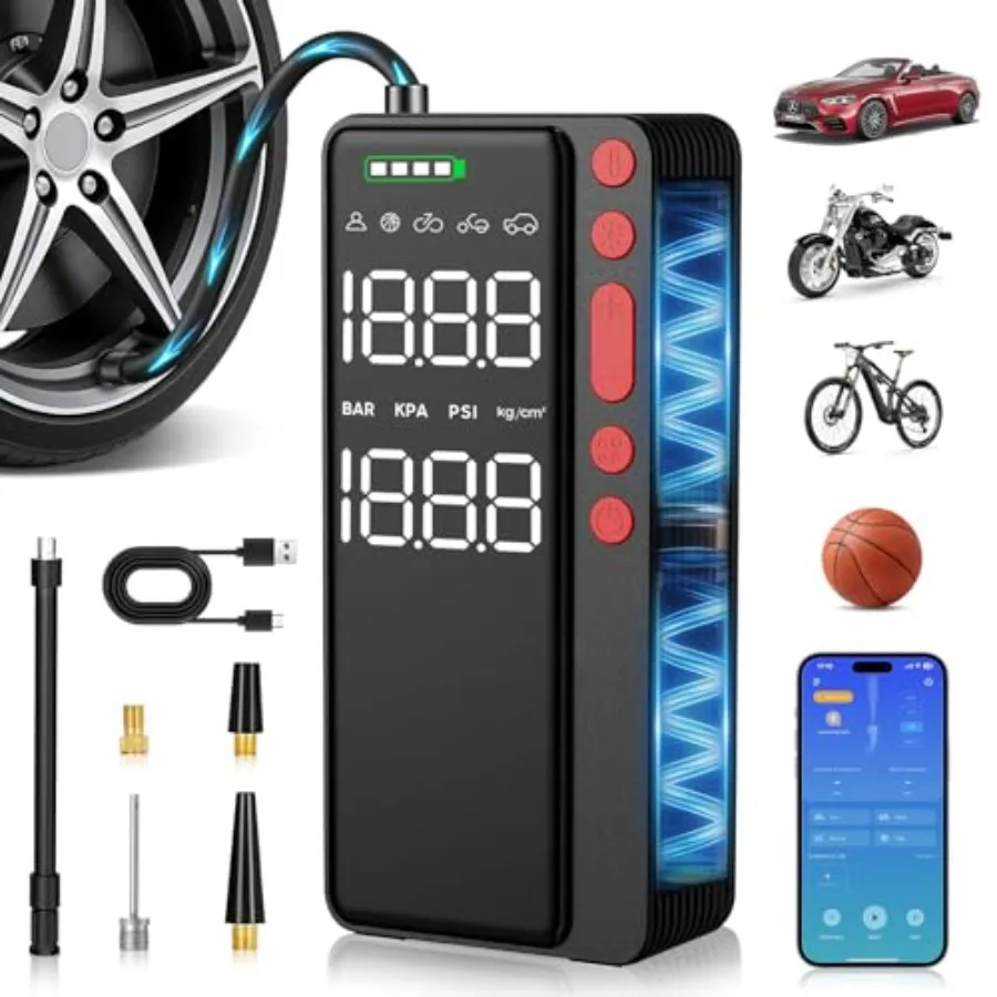 Tire Inflator Portable Air Compressor Smart APP Control Air Pump For Car Tires 10000mAh 4X Faster 150PSI Bike Pump with All-in-
Tire Inflator Portable Air Compressor Smart APP Control Air Pump For Car Tires 10000mAh 4X Faster 150PSI Bike Pump with All-in-