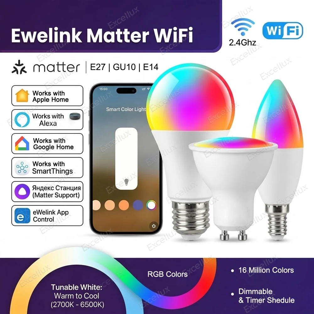 Matter WiFi Smart Led Light Bulb GU10 E27 E14 RGBCW Dimmable Lamp Ewelink App Siri Alexa Google Home Smartthings Yandex Control
Matter WiFi Smart Led Light Bulb GU10 E27 E14 RGBCW Dimmable Lamp Ewelink App Siri Alexa Google Home Smartthings Yandex Control