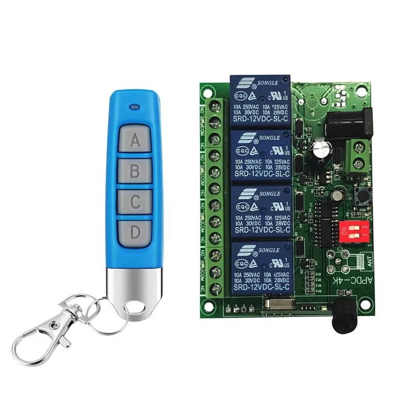 433MHZ RF Wireless DC12V 24V 10A 4channel Remote Control Switches Receiver Transmitters Motor/fan/street lamp power on and off
433MHZ RF Wireless DC12V 24V 10A 4channel Remote Control Switches Receiver Transmitters Motor/fan/street lamp power on and off