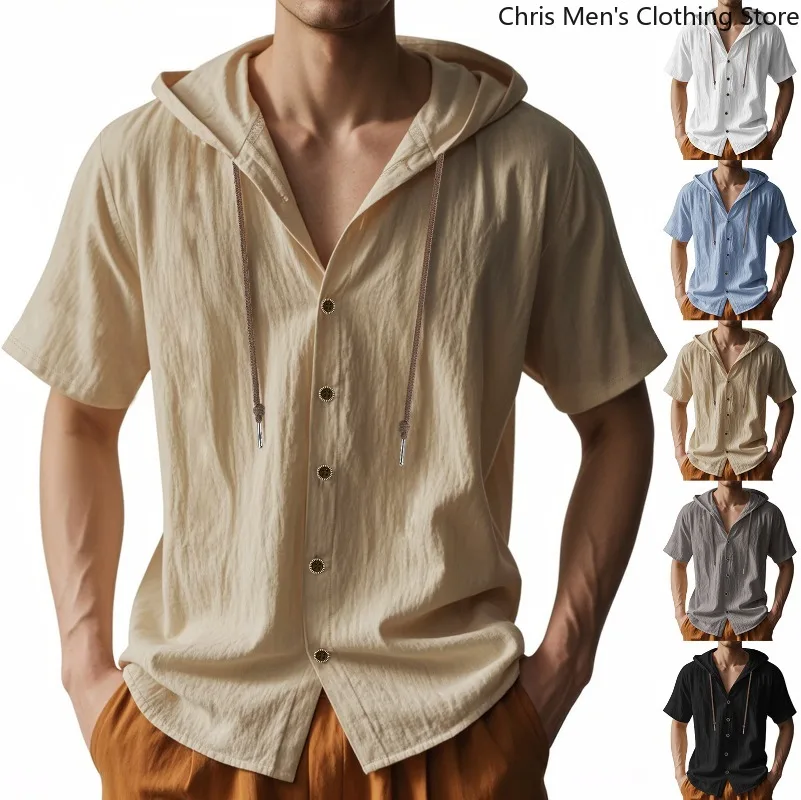Мужская льняная рубашка с капюшоном и коротким рукавом — легкая и удобная футболка для отпуска, верхняя мужская одежда 
Мужская льняная рубашка с капюшоном и коротким рукавом — легкая и удобная футболка для отпуска, верхняя мужская одежда