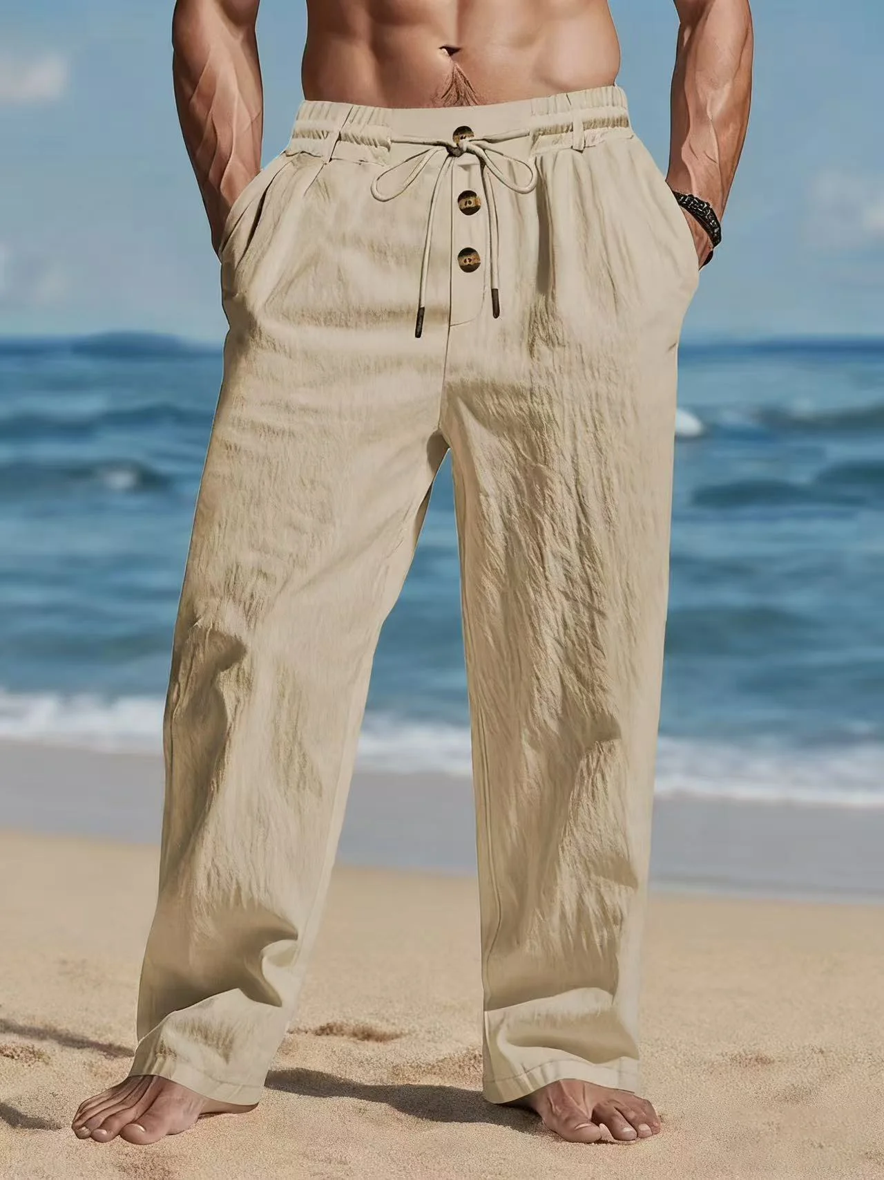 Men's linen pants Three button decoration Straight beach pants light and thin Sport and Leisure fashion men's wear Hot sale
Men's linen pants Three button decoration Straight beach pants light and thin Sport and Leisure fashion men's wear Hot sale