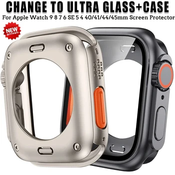 Screen Protector Cover for Apple Watch 45mm 44mm 40mm 41mm Hard PC Front Rear Bumper Case iwatch 9 8 7 SE 6 5 4 Change To Ultra