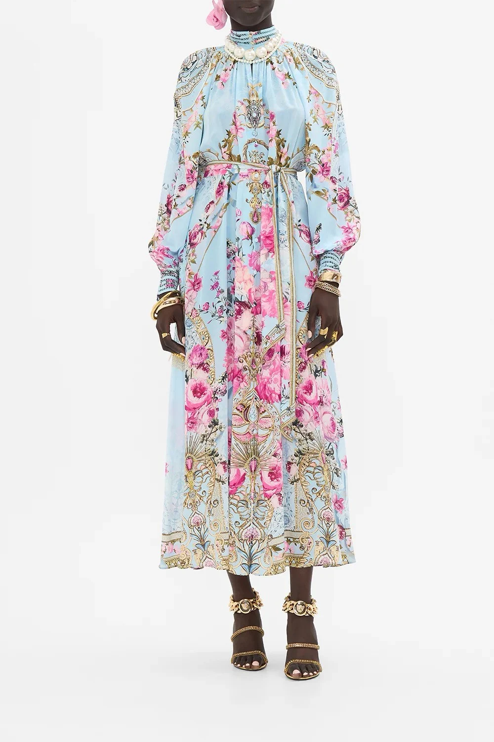 Women Hollow Out Stand Collar Flower Printed Waist Lace-up 100% Silk Long Dress
Women Hollow Out Stand Collar Flower Printed Waist Lace-up 100% Silk Long Dress
