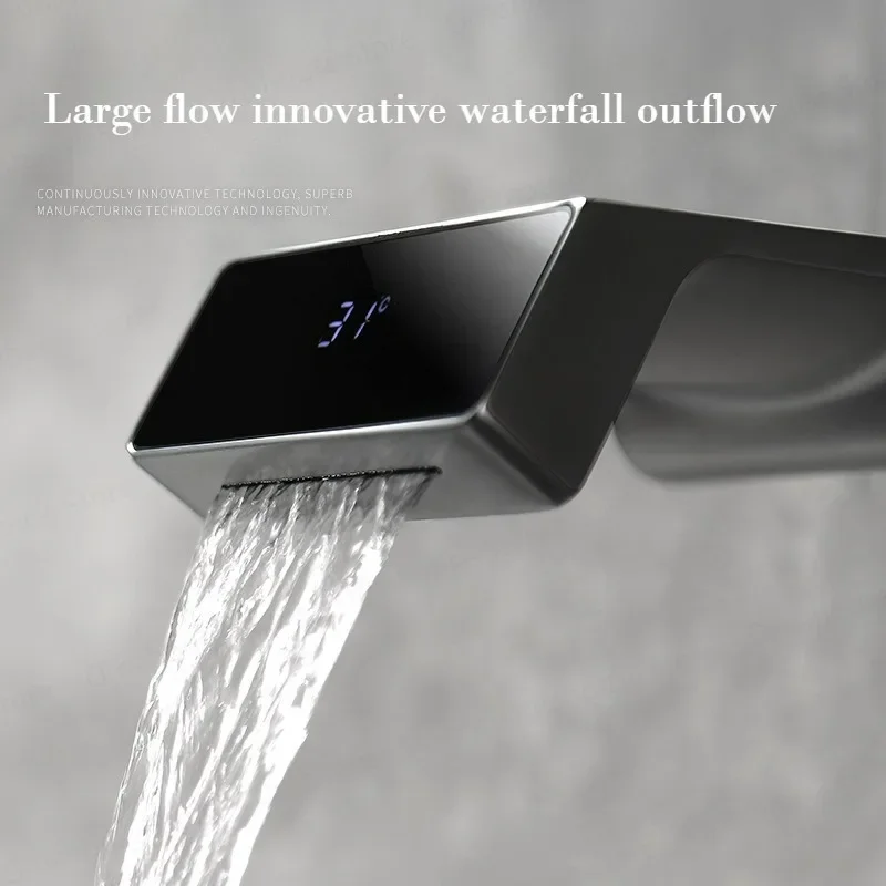 Luxury Gun Gray Brass Bathroom Faucet with Digital Display Concealed Basin Waterfall Sink Hot And Cold Wall Mounted
Luxury Gun Gray Brass Bathroom Faucet with Digital Display Concealed Basin Waterfall Sink Hot And Cold Wall Mounted