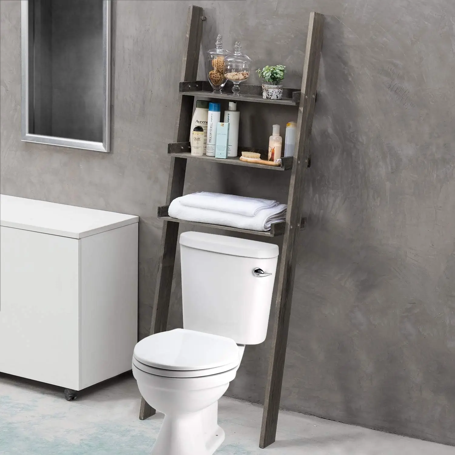 Over The Toilet Storage Ladder Shelf, 3 Tier Wood Bathroom Organizer, Above The Storage Shelves Leaning Rack Stand Gray
Over The Toilet Storage Ladder Shelf, 3 Tier Wood Bathroom Organizer, Above The Storage Shelves Leaning Rack Stand Gray