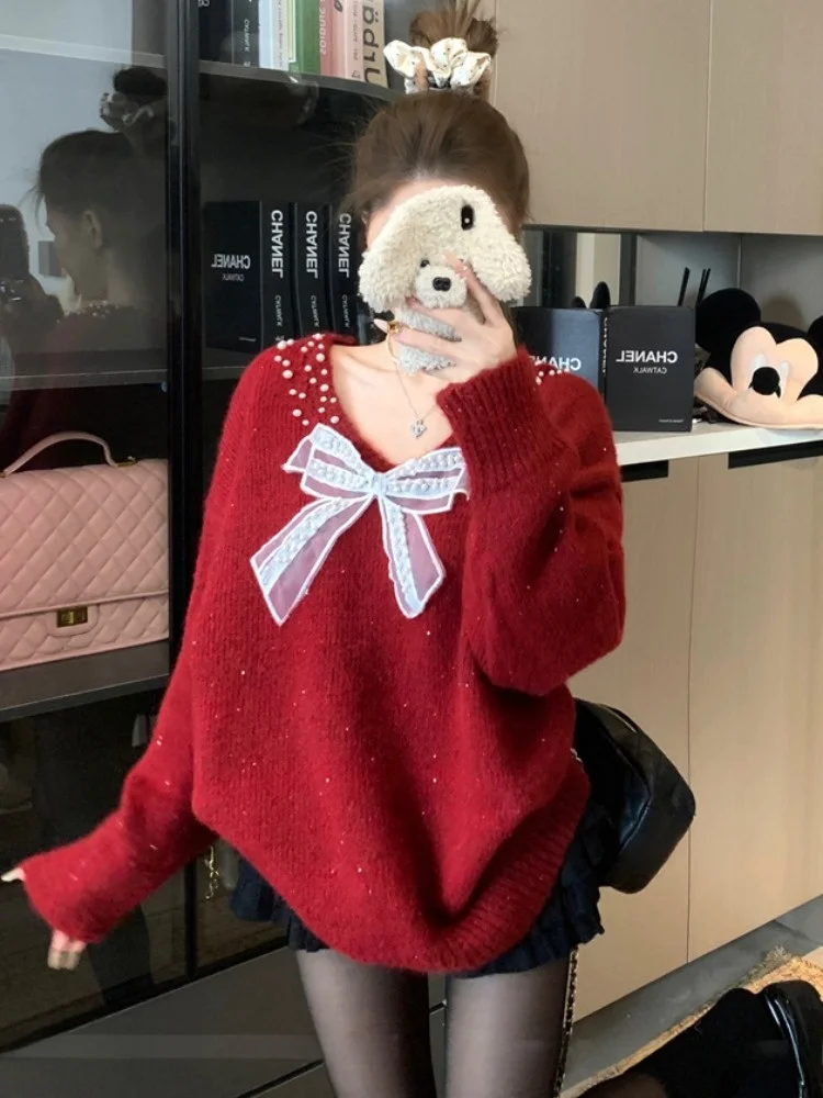 Korean Style Loose Fit Soft Cozy V-Neck Sweater Women's Autumn Winter Knittedwear Red Knot New Year's Robe Anti-Aging
Korean Style Loose Fit Soft Cozy V-Neck Sweater Women's Autumn Winter Knittedwear Red Knot New Year's Robe Anti-Aging