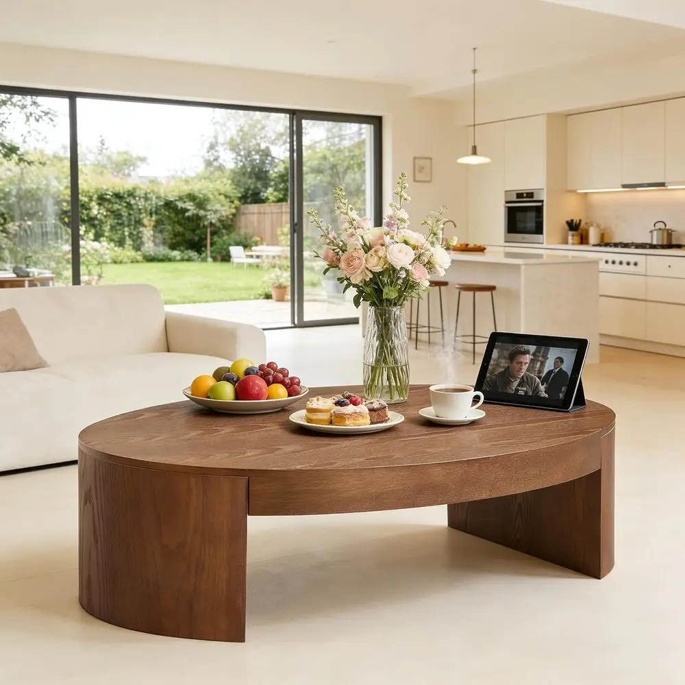 Elegant Walnut Oval Coffee Table, Modern Centerpiece for Conference Rooms, Dining, Living Spaces, No Assembly Required.
Elegant Walnut Oval Coffee Table, Modern Centerpiece for Conference Rooms, Dining, Living Spaces, No Assembly Required.