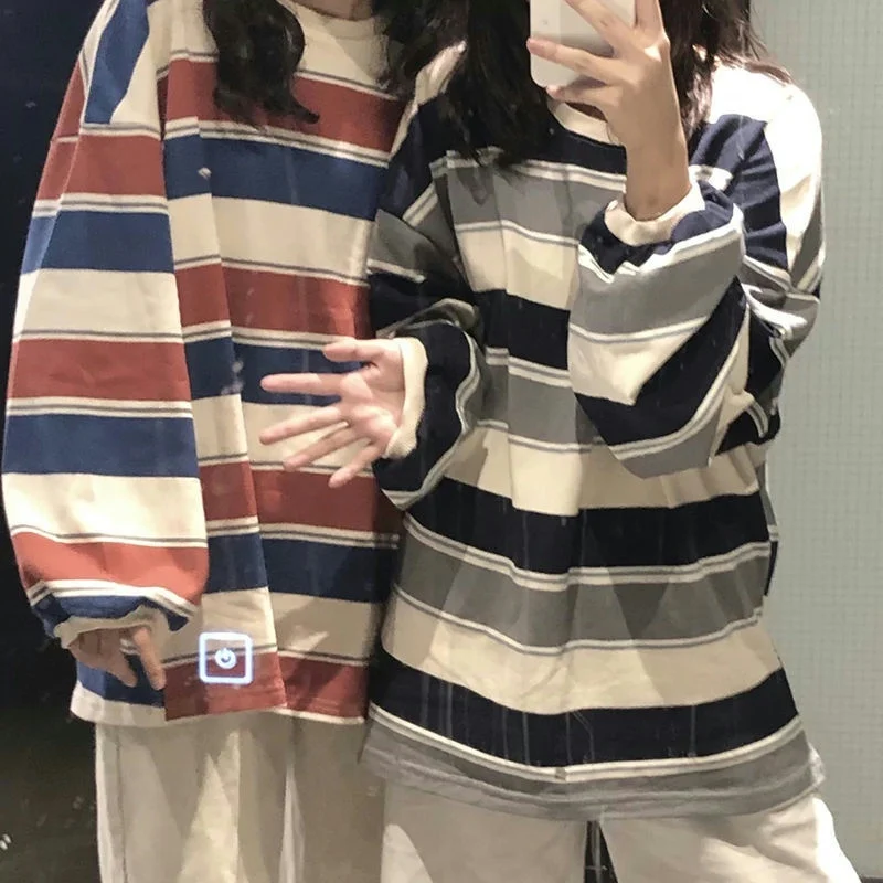 Trendy Striped Long Sleeve T-Shirt Women's Spring Autumn Loose Student Loose Top Dark Style Middleng Length Color Block
Trendy Striped Long Sleeve T-Shirt Women's Spring Autumn Loose Student Loose Top Dark Style Middleng Length Color Block