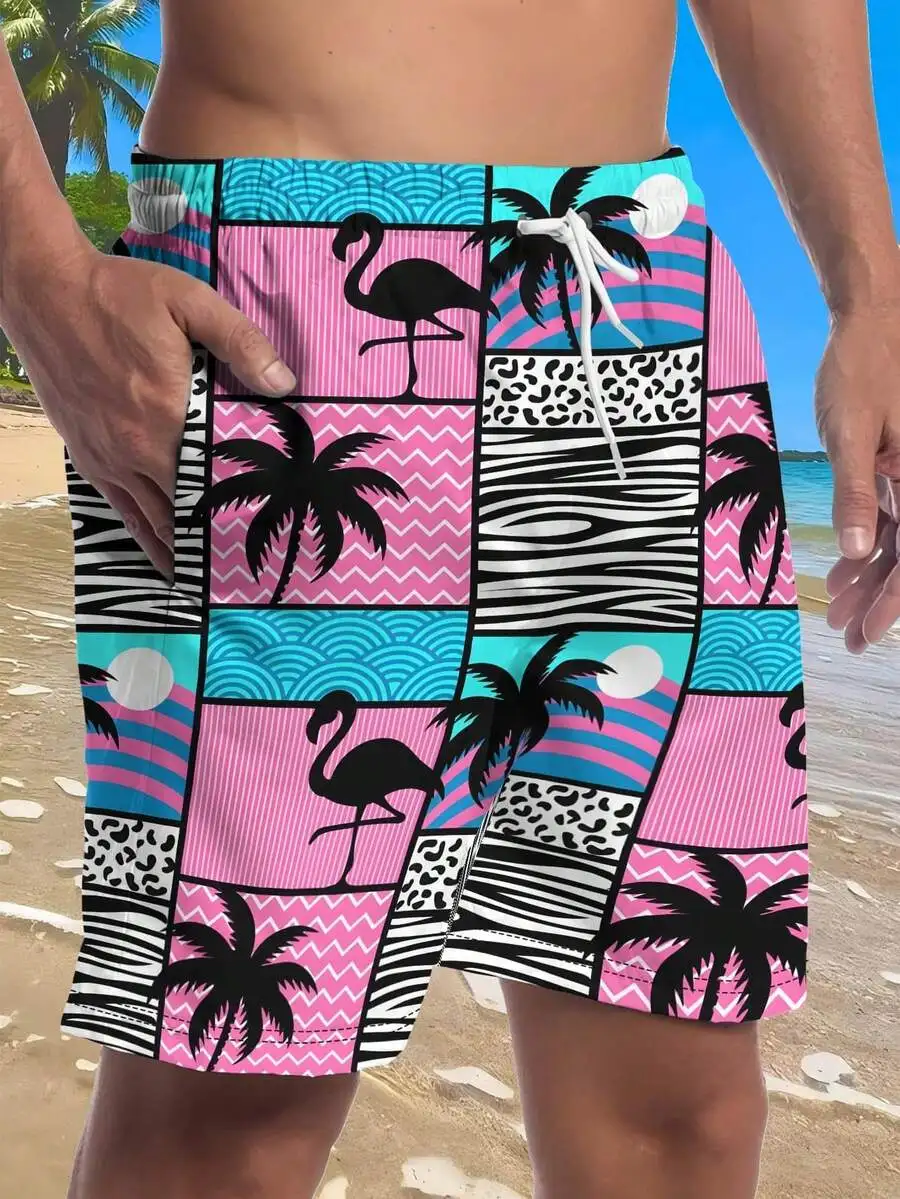 Mens Retro Beach Shorts With Flamingo Palm Tree Print Pink Black Patchwork Pattern
Mens Retro Beach Shorts With Flamingo Palm Tree Print Pink Black Patchwork Pattern
