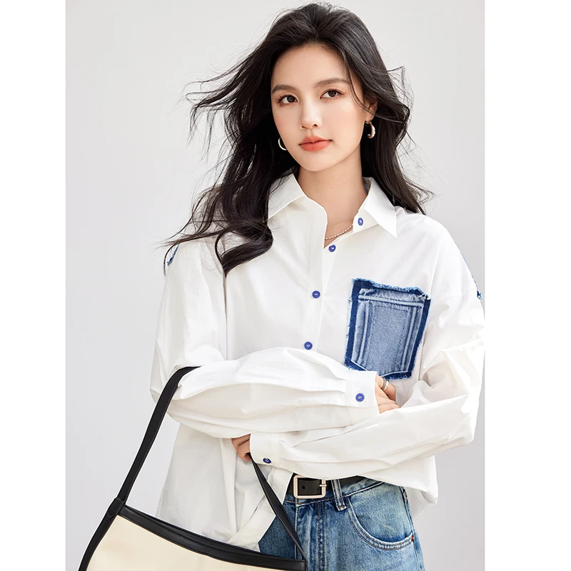 White Long-Sleeved Shirt Spring New Women Fashion Casual Denim Stitching Shirt Loose Niche Design Tops
White Long-Sleeved Shirt Spring New Women Fashion Casual Denim Stitching Shirt Loose Niche Design Tops