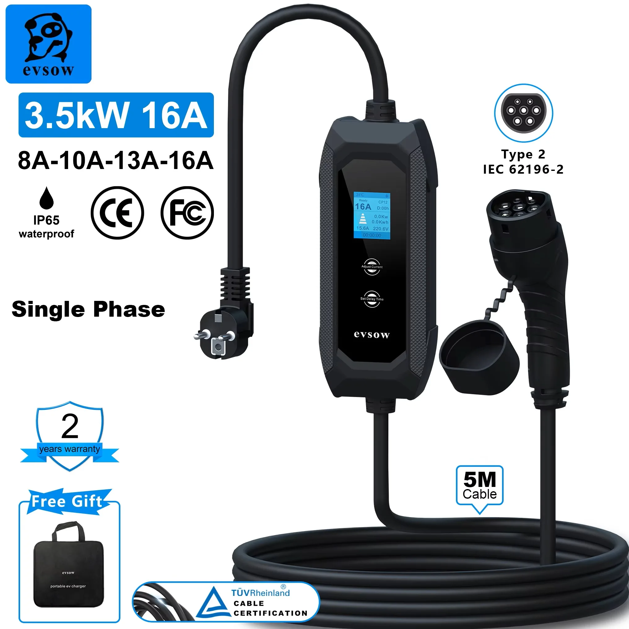 evsow Portable EV Charger Type2 IEC 6219-2 5kW 16A 1P Electric Car Charger Wallbox EVSE Adjustable Current&Set Charging Time
evsow Portable EV Charger Type2 IEC 6219-2 5kW 16A 1P Electric Car Charger Wallbox EVSE Adjustable Current&Set Charging Time