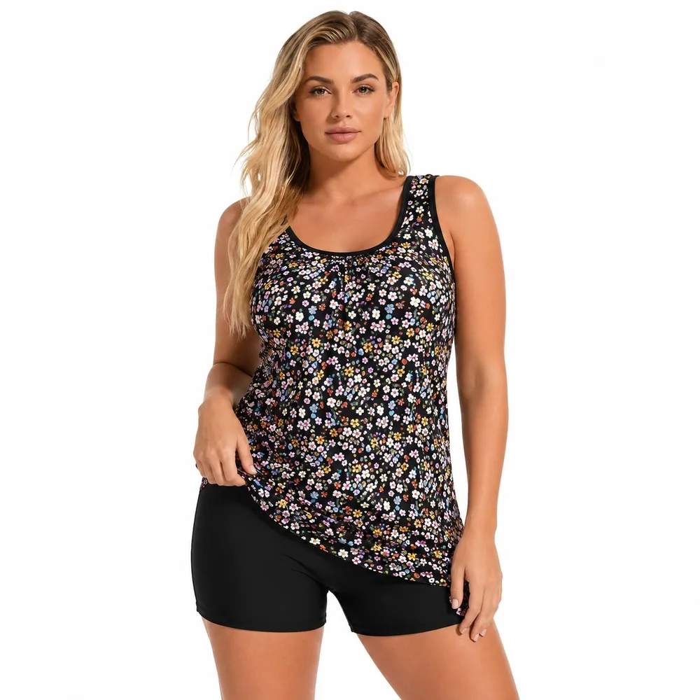 Women Plus Size Tankini Set Black Floral Print Swimsuit Scoop Neck Top Swim Shorts Removable Padded Cups Beach Pool Swimwear
Women Plus Size Tankini Set Black Floral Print Swimsuit Scoop Neck Top Swim Shorts Removable Padded Cups Beach Pool Swimwear