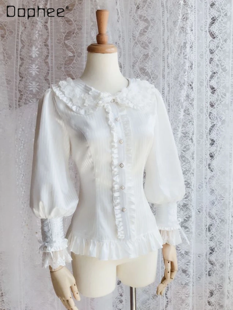 Lolita Japanese Style Oversized Sweet Shirt 2023 Autumn Original Large Size Long Sleeve Doll Collar Slim Lace Blouse for Women
Lolita Japanese Style Oversized Sweet Shirt 2023 Autumn Original Large Size Long Sleeve Doll Collar Slim Lace Blouse for Women