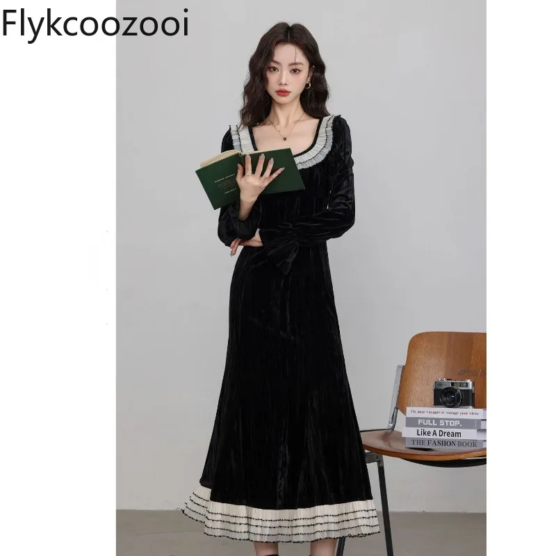 Lady Elegant Square Collar Patchwork Velvet Long Dress Women Tight Waisted Wrap Hip Bow Slim Dress Autumn Premium Cloth
Lady Elegant Square Collar Patchwork Velvet Long Dress Women Tight Waisted Wrap Hip Bow Slim Dress Autumn Premium Cloth