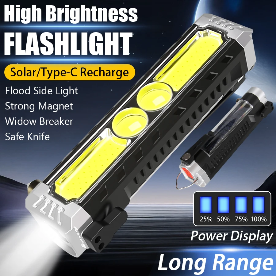 Powerful LED COB Repair Work Light Type C Rechargeable Solar Flashlight with Magnet Hook Portable Car Safety Hammer Flashlights
Powerful LED COB Repair Work Light Type C Rechargeable Solar Flashlight with Magnet Hook Portable Car Safety Hammer Flashlights