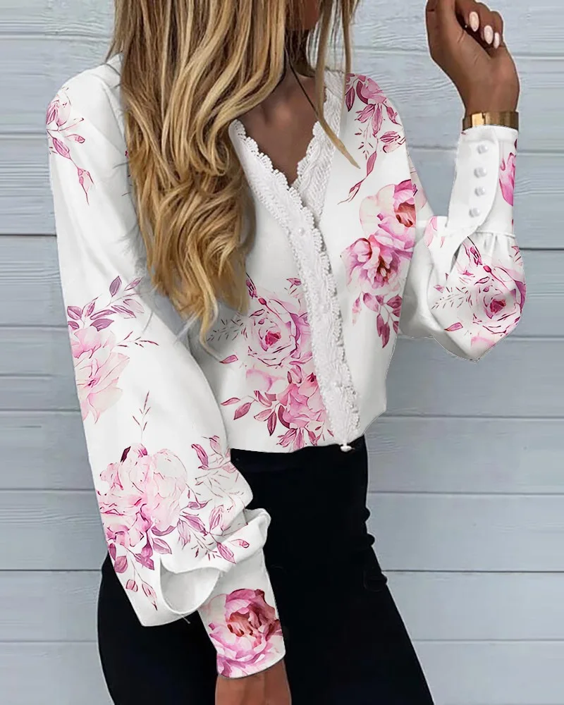 Women Shirts Printed Long Sleeve Blouses Fashion Sexy Lace V-Neck Single-breasted Chic Femininas Elegantes Loose Commuting Top
Women Shirts Printed Long Sleeve Blouses Fashion Sexy Lace V-Neck Single-breasted Chic Femininas Elegantes Loose Commuting Top