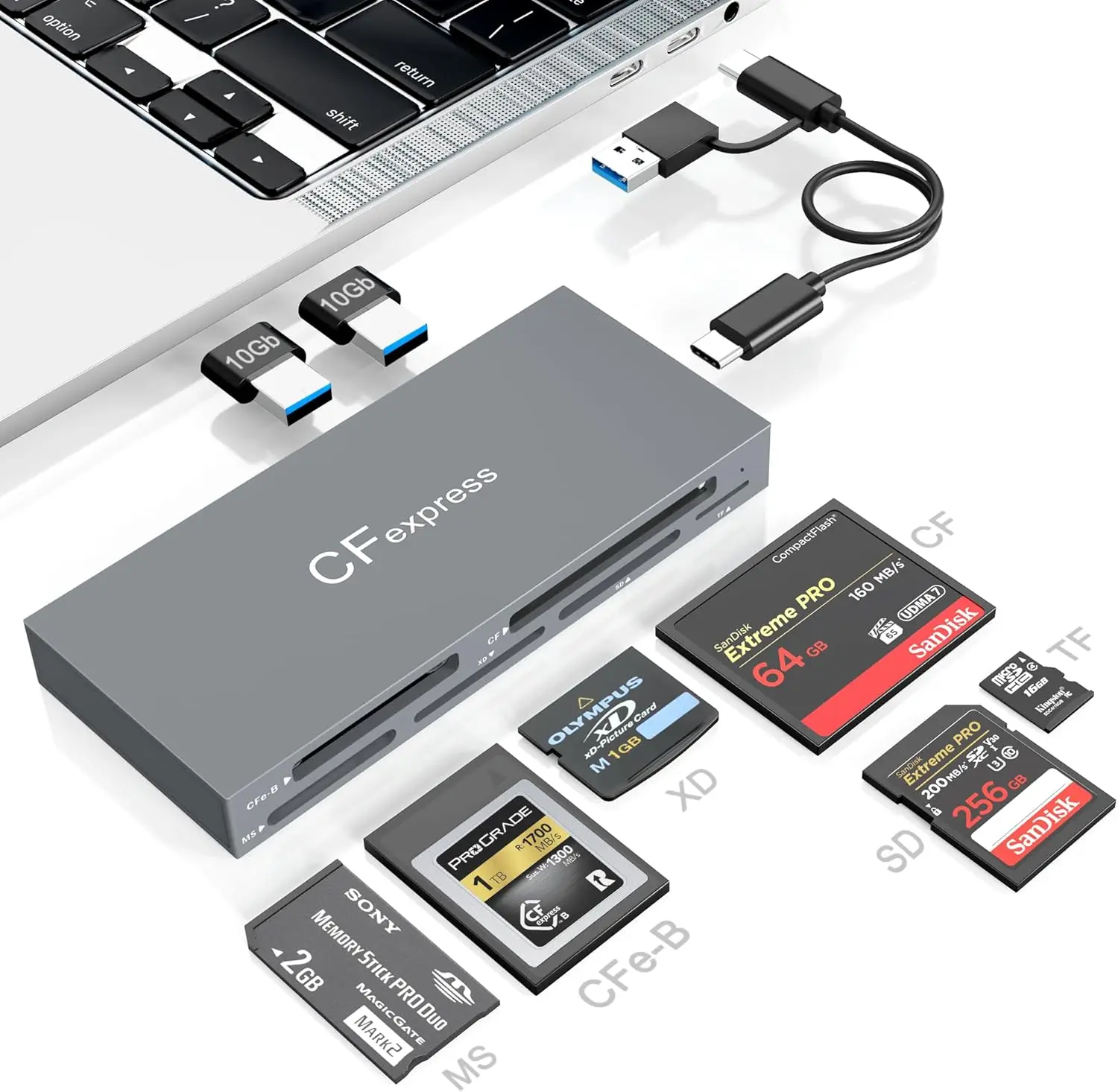 Картридер CFexpress Type B 8-в-1, USB 3.2 Gen2 хаб 2x10 Гбит/с, одновременное чтение 6 карт и 2 USB-портов
Картридер CFexpress Type B 8-в-1, USB 3.2 Gen2 хаб 2x10 Гбит/с, одновременное чтение 6 карт и 2 USB-портов