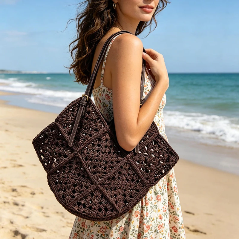 Crochet Straw Tote Bag With Leather Handles Color Contrasting Hollow Out Woven Shoulder Bag Large Capacity Summer Beach Handbag
Crochet Straw Tote Bag With Leather Handles Color Contrasting Hollow Out Woven Shoulder Bag Large Capacity Summer Beach Handbag