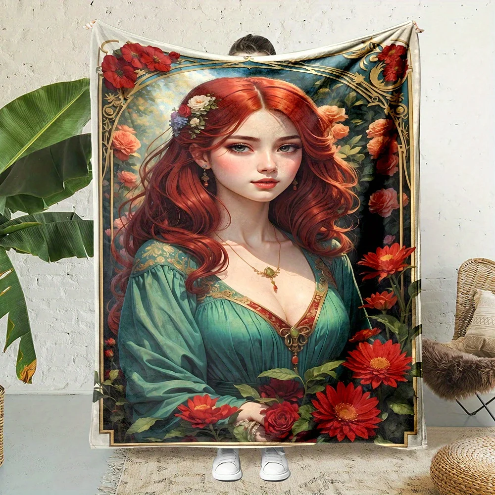 Reversible Flannel Throw Blanket with Elegant Red-Haired Woman in Rose Window Design, Soft Polyester, All-Season Comfort
Reversible Flannel Throw Blanket with Elegant Red-Haired Woman in Rose Window Design, Soft Polyester, All-Season Comfort