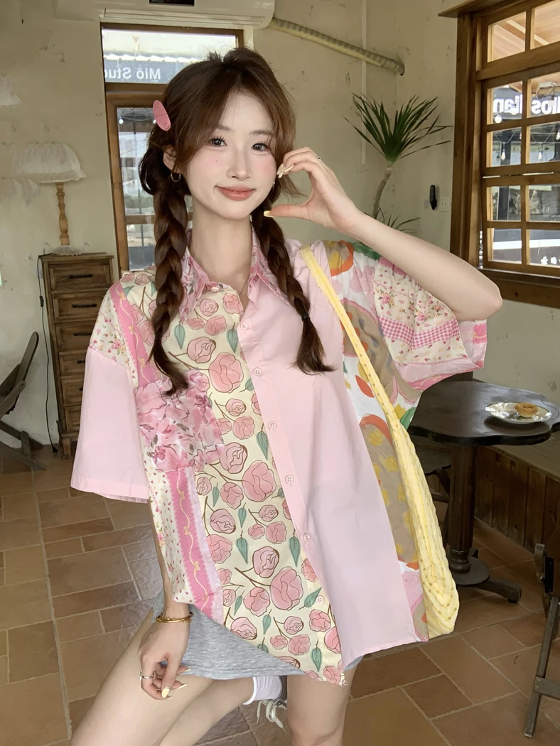 Kumikumi Sweet Color Block Print Loose Short Sleeve Shirt Women's Summer Elegant Versatile Top Floral Print Casual Shirt
Kumikumi Sweet Color Block Print Loose Short Sleeve Shirt Women's Summer Elegant Versatile Top Floral Print Casual Shirt