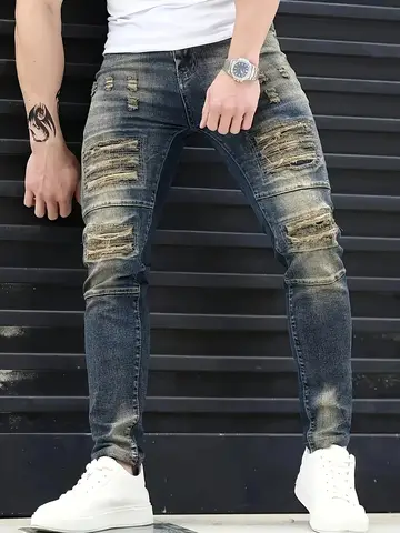 Trous déchirés pour hommes, commerce extérieur, tendance transfrontalier, petits pieds, jeans serrés froissés