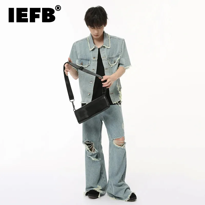 IEFB American Style Men's Sets Loose Raw Edge Turn-down Collar Short Sleeve Tops Hole Straight Wide Leg Male Denim Pants 9C6560
IEFB American Style Men's Sets Loose Raw Edge Turn-down Collar Short Sleeve Tops Hole Straight Wide Leg Male Denim Pants 9C6560