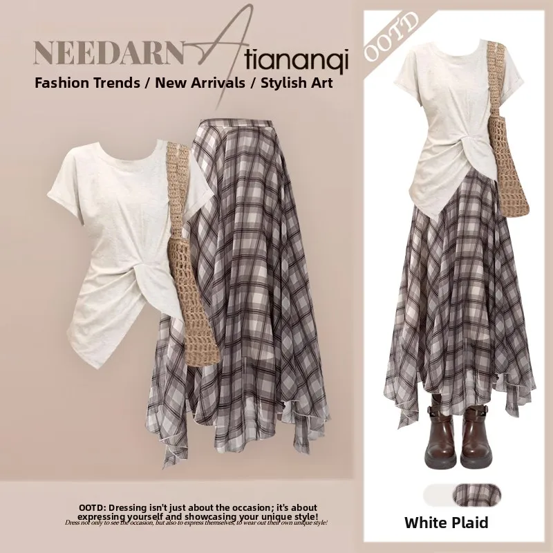 Summer Anti-Aging Korean Sle Women's Set Irregular oulder T-irt with High Waist Plaid Skirt Two-Piece Suit
Summer Anti-Aging Korean Sle Women's Set Irregular oulder T-irt with High Waist Plaid Skirt Two-Piece Suit