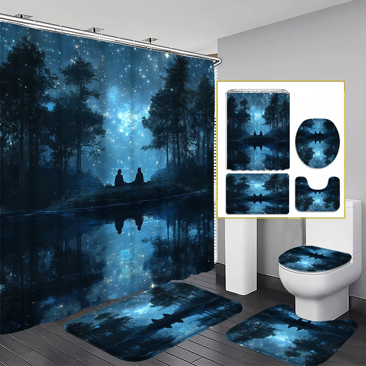 4 шт., красивое синее звездное небо, озеро, лес, любители, узор, занавеска для душа, набор занавесок для ванной комнаты, декор для ванной комнаты, занавеска для душа
4 шт., красивое синее звездное небо, озеро, лес, любители, узор, занавеска для душа, набор занавесок для ванной комнаты, декор для ванной комнаты, занавеска для душа