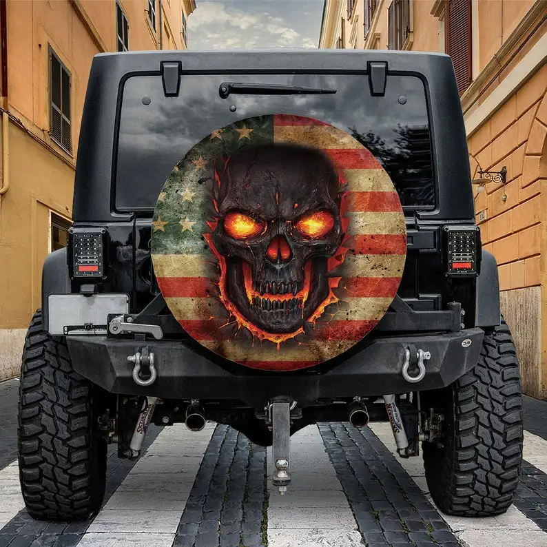 Skull American Flag Spare Tire Cover With Or Without Backup Camera Hole, Spare Tire Cover For Camping, Bronco, CRV, Car Wrangle
Skull American Flag Spare Tire Cover With Or Without Backup Camera Hole, Spare Tire Cover For Camping, Bronco, CRV, Car Wrangle