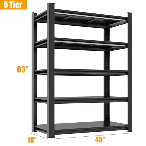 5-Tier Black Steel Utility Shelving Unit, 45” Wide × 18” Deep × 63” High, Heavy-Duty Adjustable Rack For Garage Pantry Basement
5-Tier Black Steel Utility Shelving Unit, 45” Wide × 18” Deep × 63” High, Heavy-Duty Adjustable Rack For Garage Pantry Basement