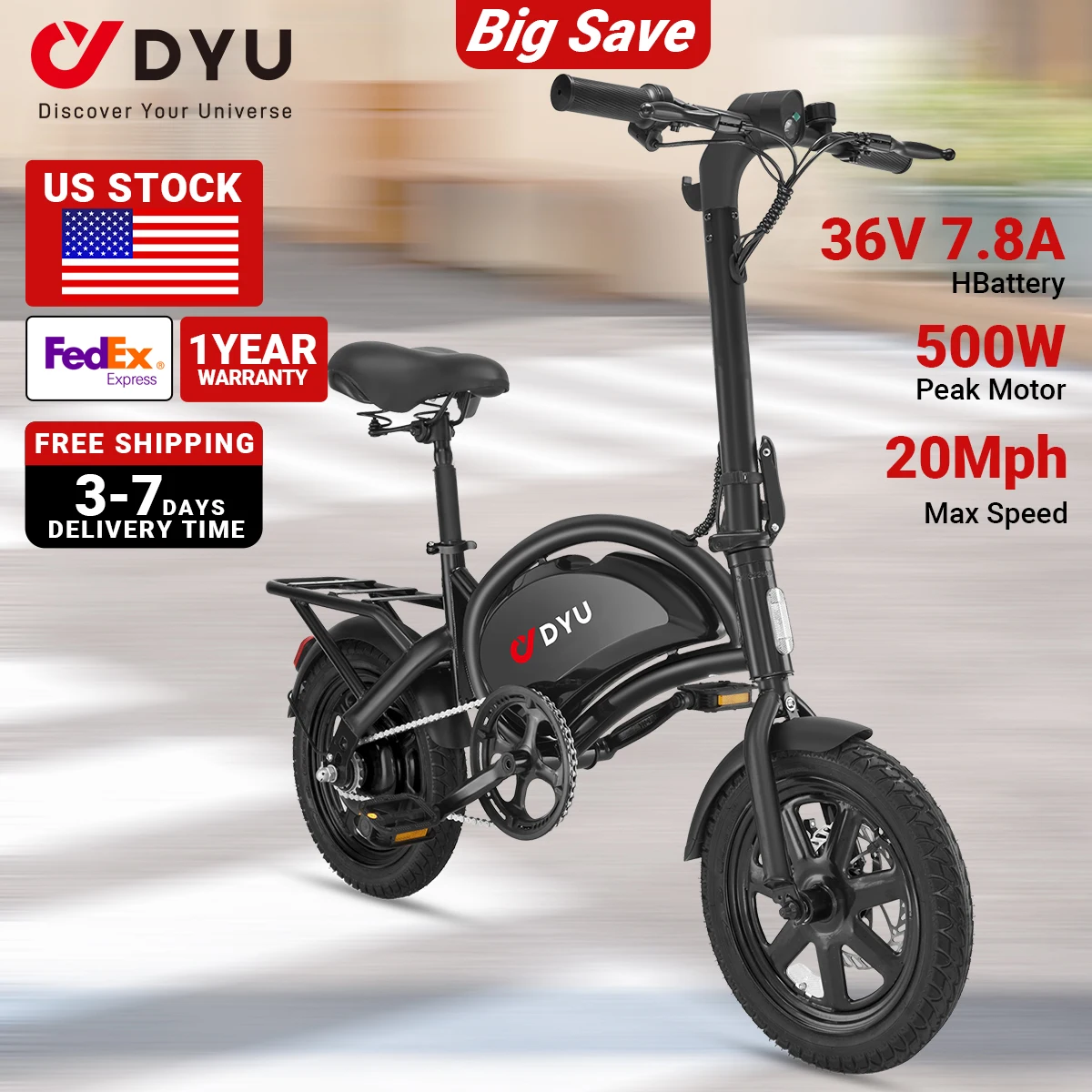 DYU D3F 14 inch Electric Bike Peak 500W Motor 36V7.8AH Lithium Battery Electric Bicycle,20mph city E-bike UL2849-1 Year Warranty
DYU D3F 14 inch Electric Bike Peak 500W Motor 36V7.8AH Lithium Battery Electric Bicycle,20mph city E-bike UL2849-1 Year Warranty