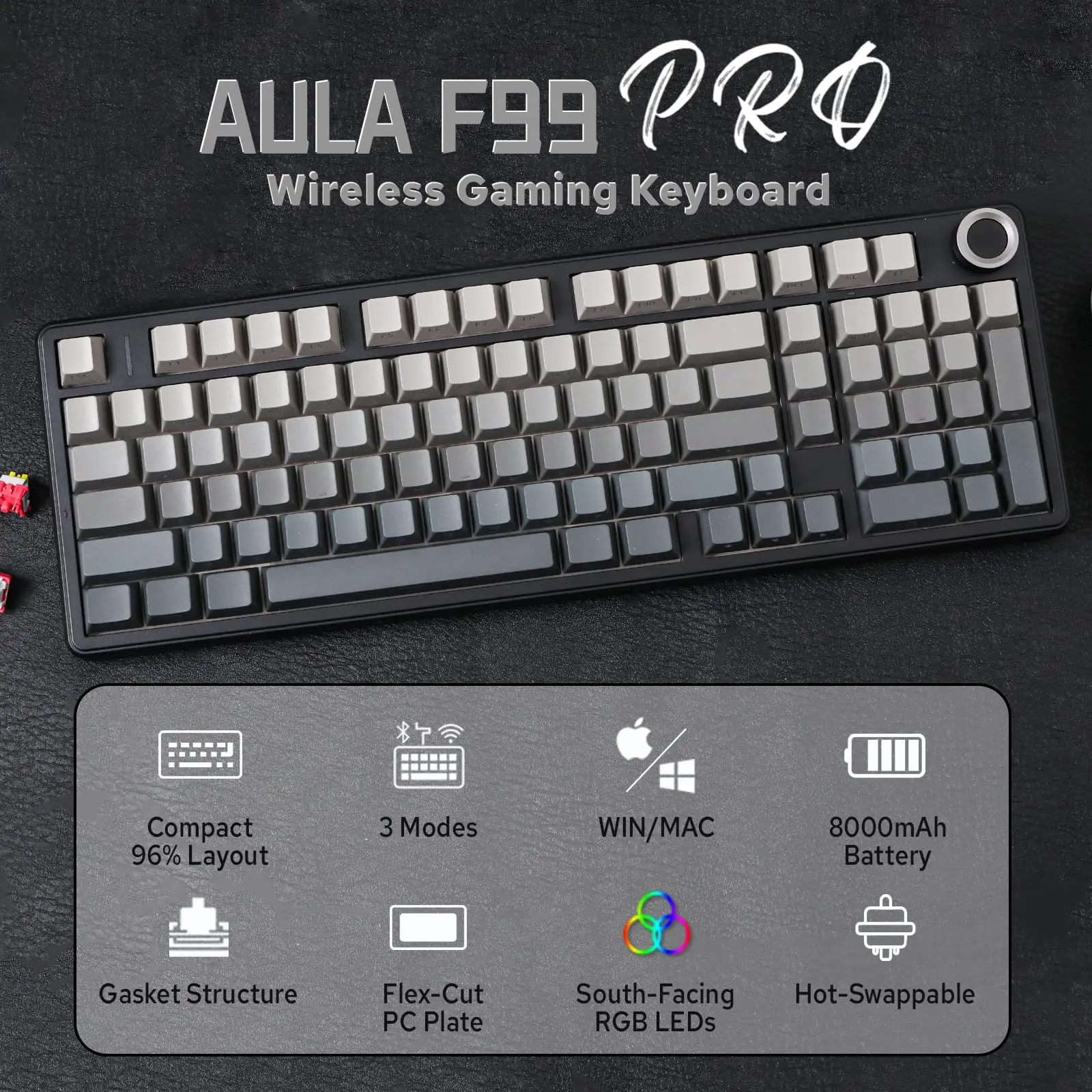 AULA F99 Pro Wireless Mechanical Keyboard RGB Backlit Hot Swappable Custom Keyboard 2.4G/USB-C/BT5.0 Mechanical Gaming Keyboards
AULA F99 Pro Wireless Mechanical Keyboard RGB Backlit Hot Swappable Custom Keyboard 2.4G/USB-C/BT5.0 Mechanical Gaming Keyboards