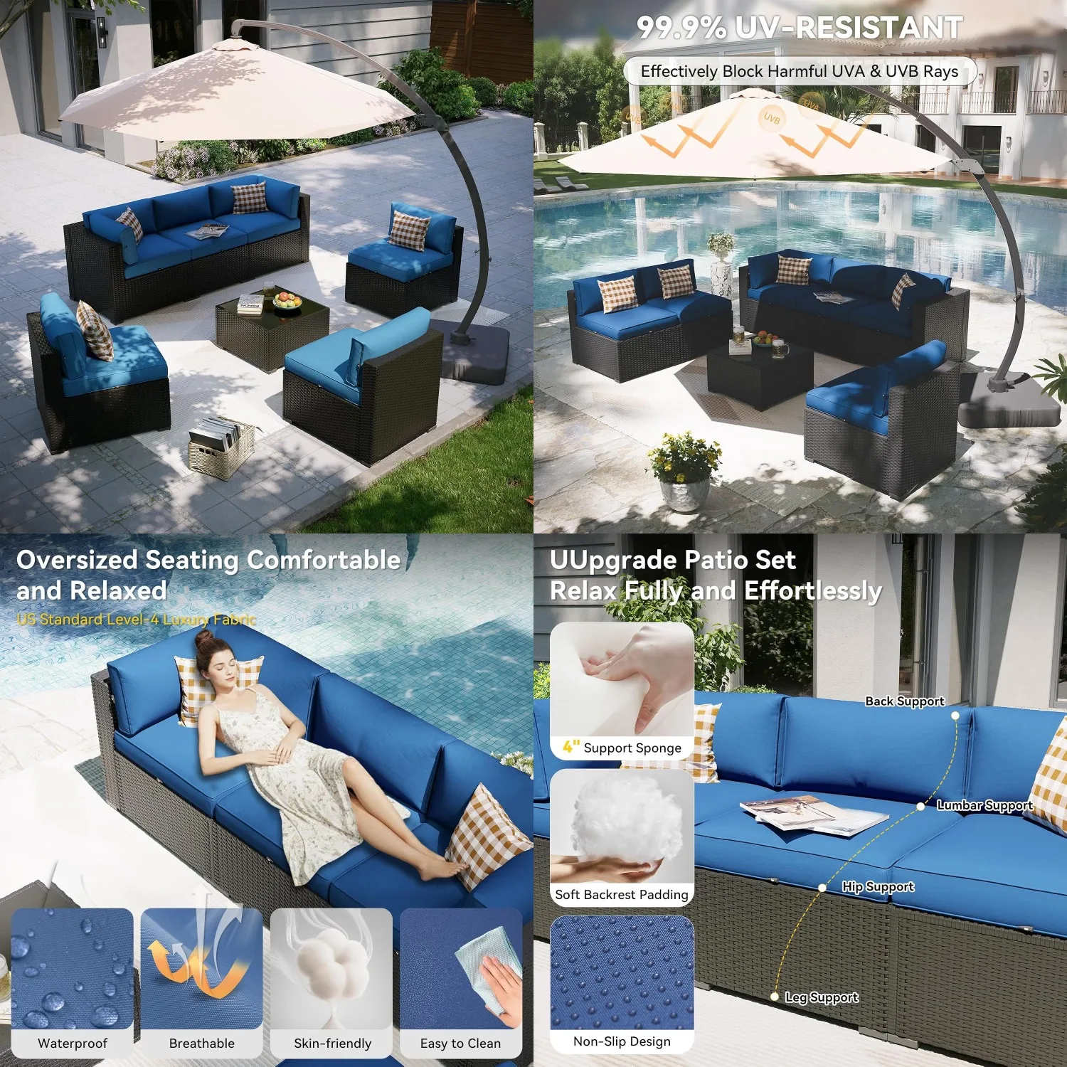 8 Piece Patio Furniture Set Umbrella Wicker Rattan Sectional Sofa Thickened Cushion Backyard Garden Navy Blue, Customized
8 Piece Patio Furniture Set Umbrella Wicker Rattan Sectional Sofa Thickened Cushion Backyard Garden Navy Blue, Customized
