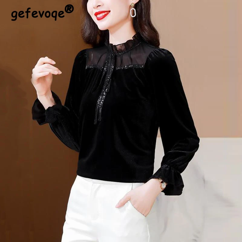 Women Korean Fashion Vintage Sexy See Through Black Velvet Shirt Office Lady Elegant Ruffle Lace-up Blouse Long Sleeve Slim Tops
Women Korean Fashion Vintage Sexy See Through Black Velvet Shirt Office Lady Elegant Ruffle Lace-up Blouse Long Sleeve Slim Tops