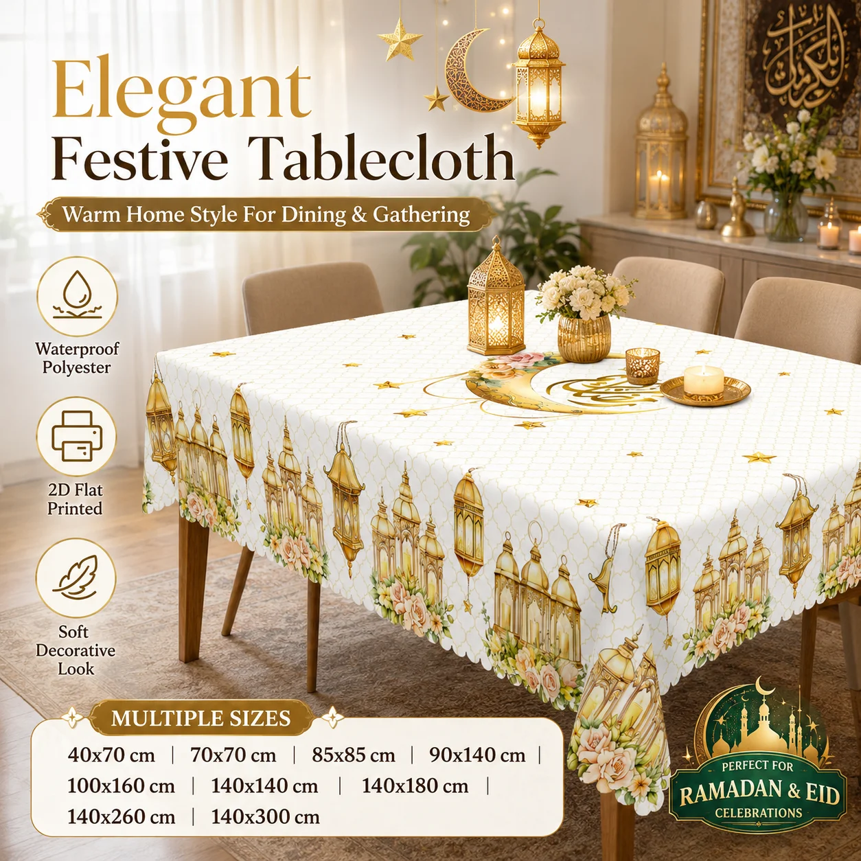 Waterproof Polyester Tablecloth 2D Flat Printed Ramadan Eid Lantern Moon Star Table Cover Muslim Festive Dining Decor
Waterproof Polyester Tablecloth 2D Flat Printed Ramadan Eid Lantern Moon Star Table Cover Muslim Festive Dining Decor