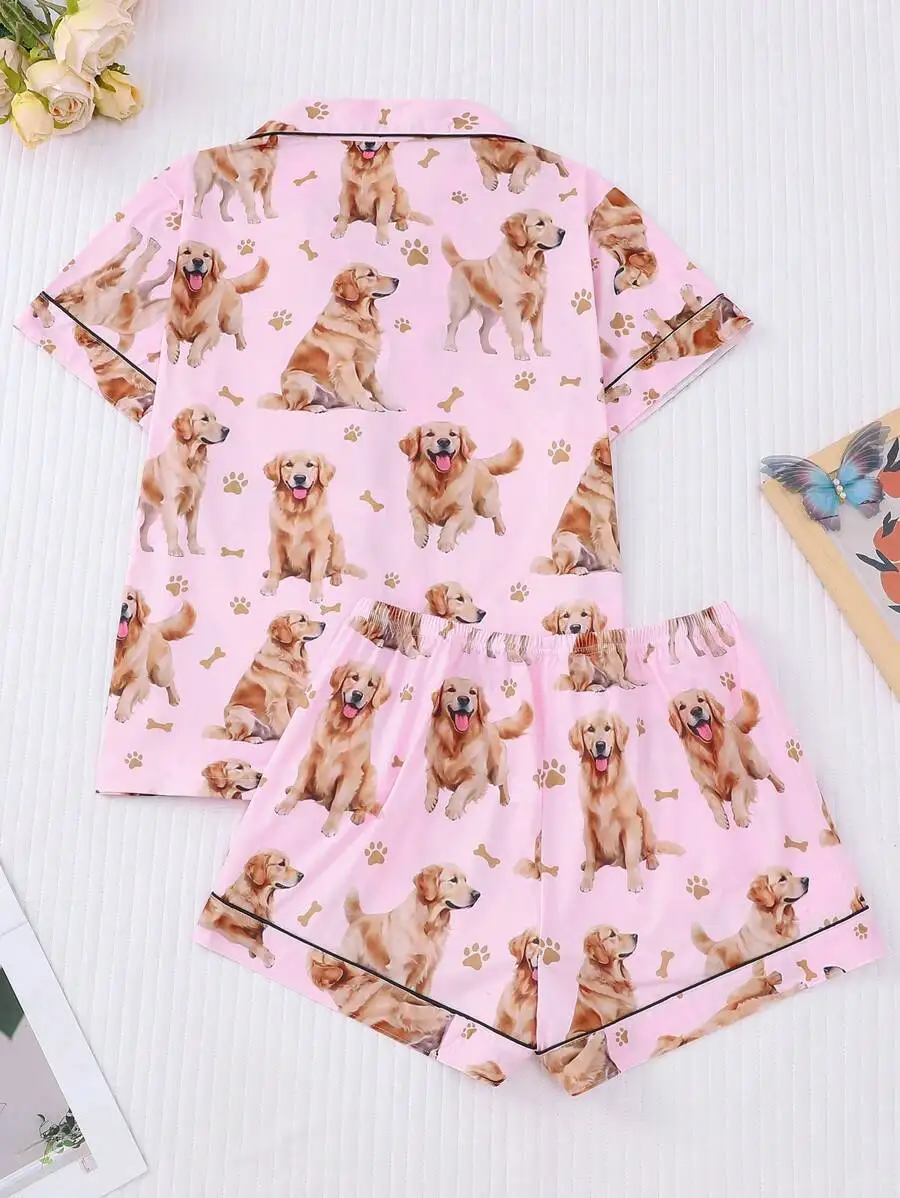 Women 2pcs Dog Print Pajama Set Short Sleeve Collared Button Up Top And Elastic Waist Shorts
Women 2pcs Dog Print Pajama Set Short Sleeve Collared Button Up Top And Elastic Waist Shorts
