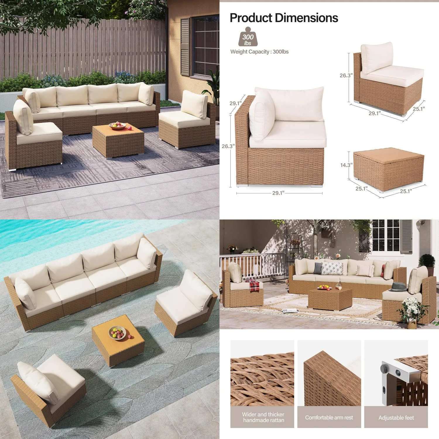 7 Piece PE Rattan Sectional Sofa Thick Cushions Wood Look Coffee Table Garden Porch Customized
7 Piece PE Rattan Sectional Sofa Thick Cushions Wood Look Coffee Table Garden Porch Customized