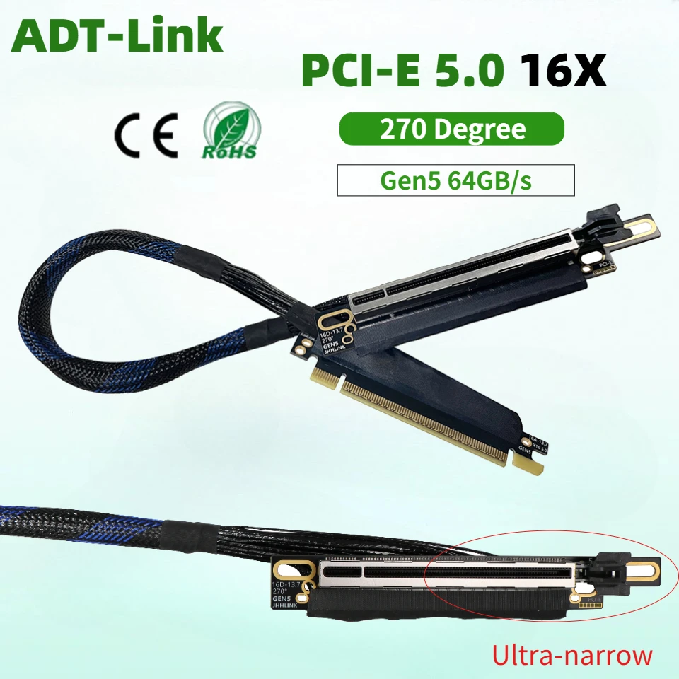 16AD5Z Upgrade PCI-E 5.0 X16 Graphics Card Riser Cable GEN5 Braided Mesh Silver-plated Cable GPU Server Adapter Cable 270 Degree