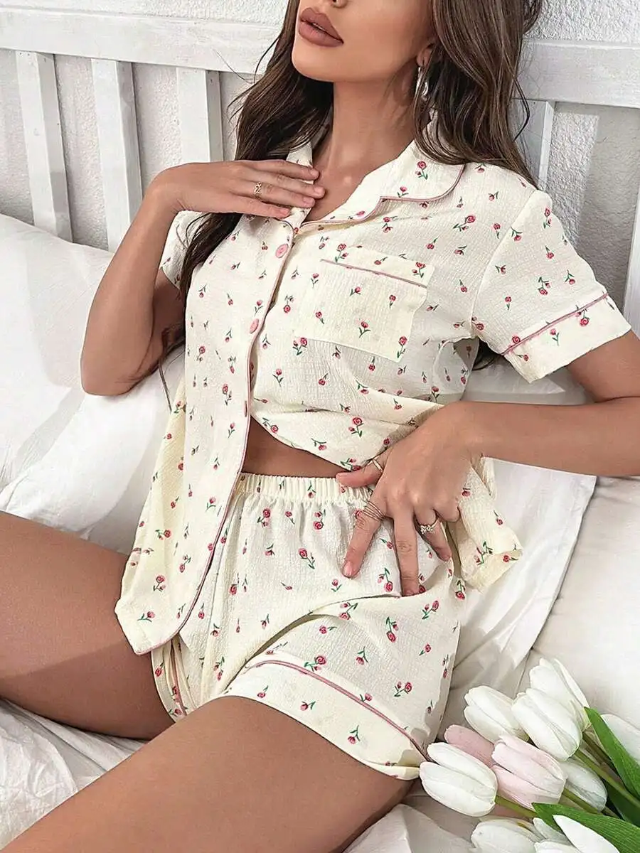 Womens Floral Print Short Sleeve Notched Lapel Sleepwear Set With Elastic Waist Shorts
Womens Floral Print Short Sleeve Notched Lapel Sleepwear Set With Elastic Waist Shorts