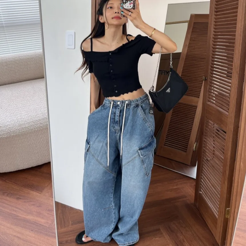 Washed Denim Long Pants with Drawstring Workwear Style Knife Shape Pocket Women's Korean Style Spring Autumn Winter Jeans
Washed Denim Long Pants with Drawstring Workwear Style Knife Shape Pocket Women's Korean Style Spring Autumn Winter Jeans